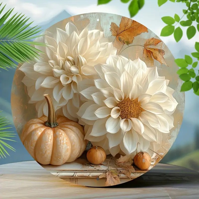 Vintage Autumn Floral Pumpkin Round Aluminum Wall Art Sign