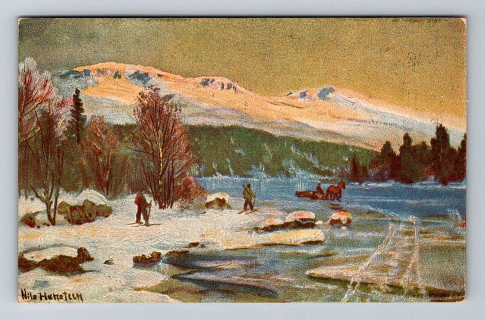 Norway- Winter Lake Scene Skiing Nils Hansteen Painting Old PC Vintage Postcard