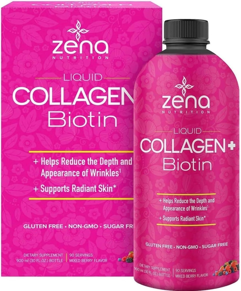 Zena Liquid Collagen 30 FL Oz for Women & Men, Collagen Peptides + Biotin 5000mc