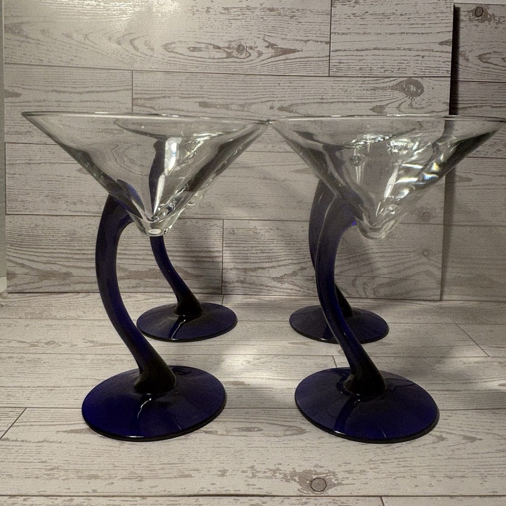 Cobalt Blue Curved Stem Martini Cocktail Glasses Set of 4 Modern Glass Barware