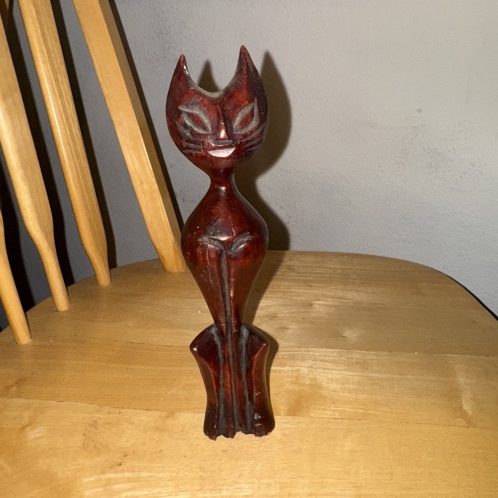 Vintage MCM Hand Wooden Carved Cat Sculpture Statue