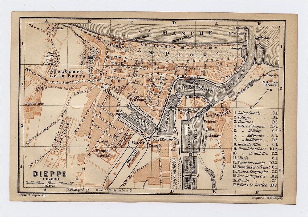 1904 Original Antique City Map Of Dieppe / Normandy Normandie / France