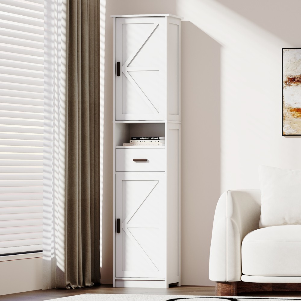 Bathroom storage cabinet with 2 barn doors and 1 drawer with adjustable shelves