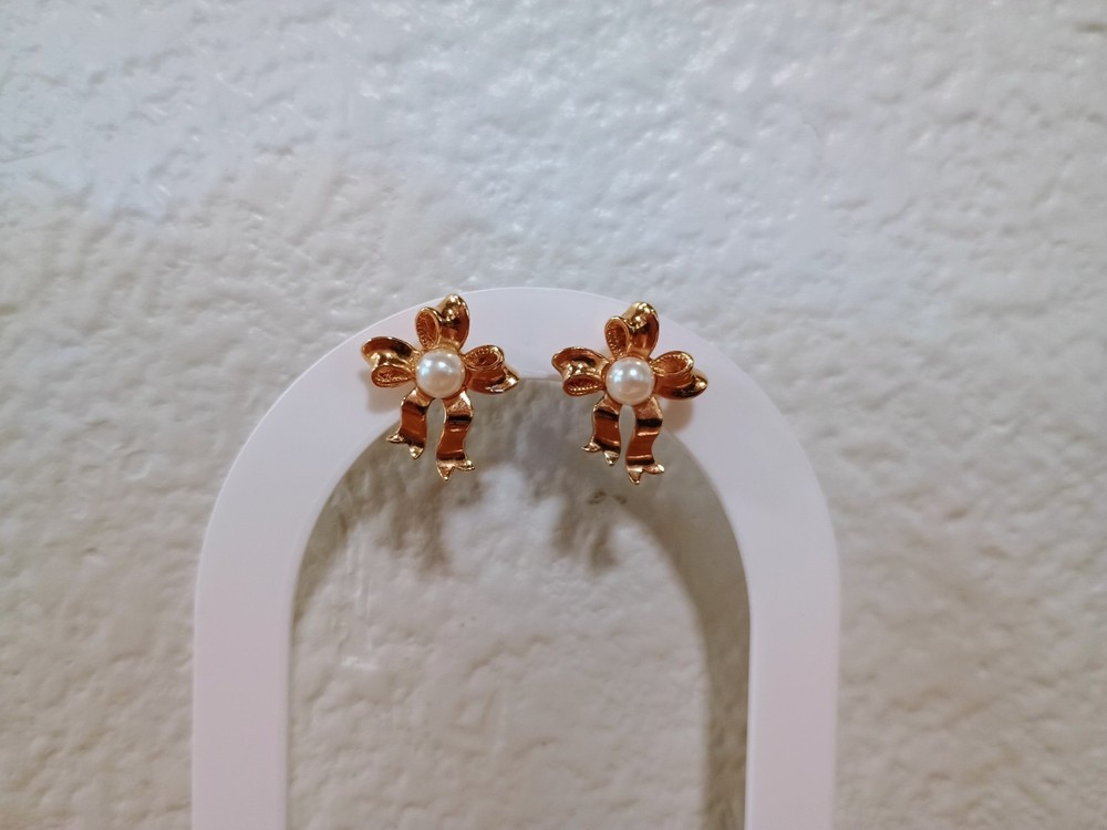 Vintage Avon Gold Tone Faux Pearl Ribbon Bow Stud Earrings