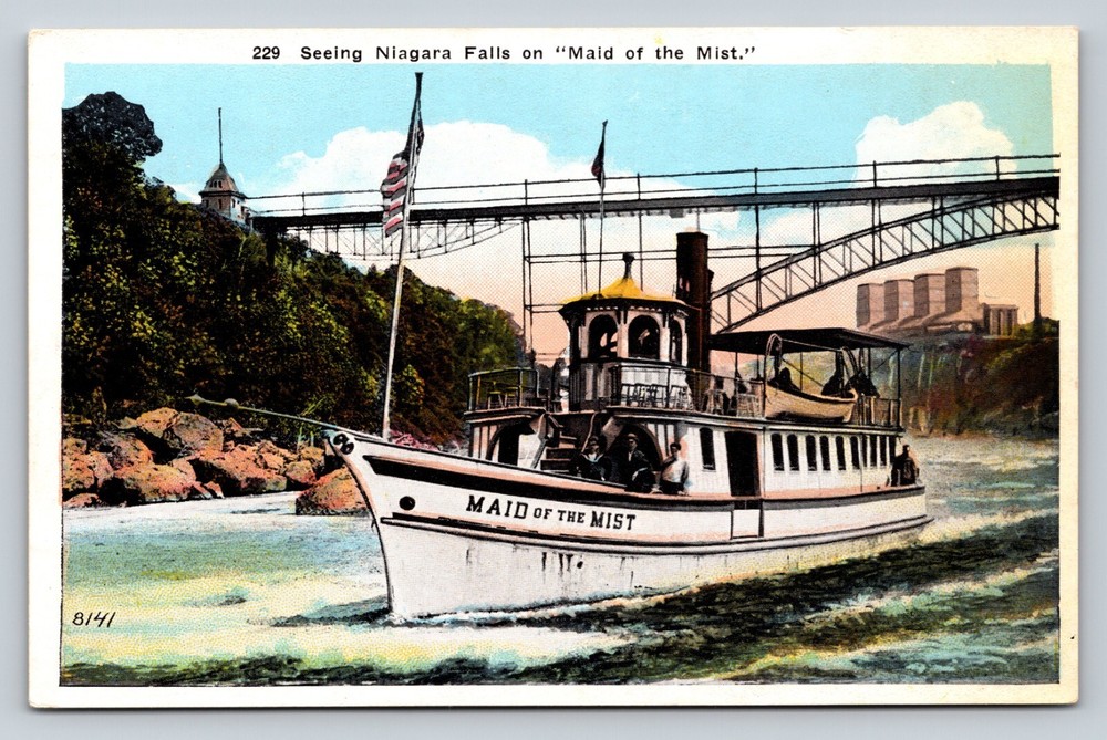 Seeing Niagara Falls On MAID OF THE MIST Boat US Flag VINTAGE Postcard