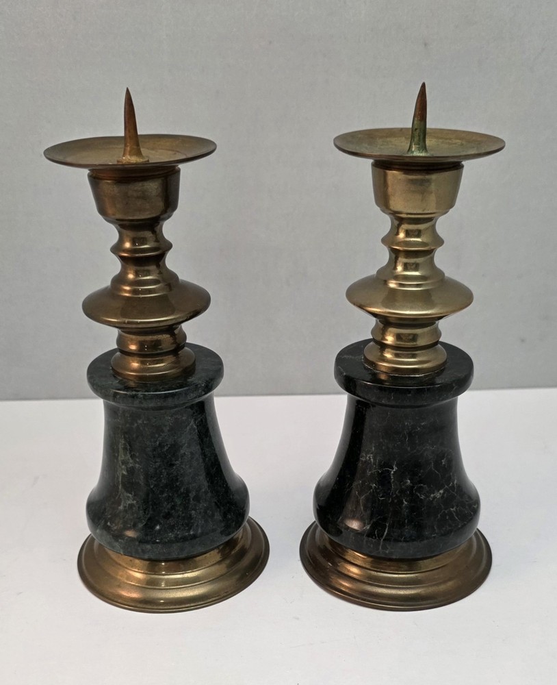 Vintage Pair Of Dark Green Marble And Brass Candle Holder Bases