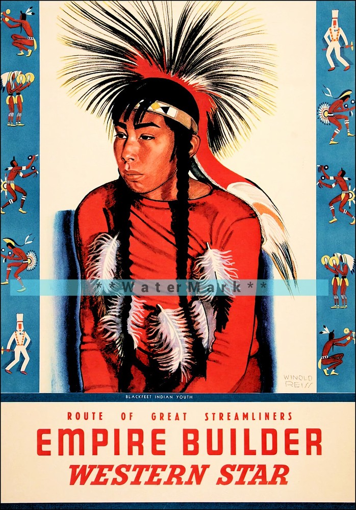 Blackfeet Boy 1946 Empire Builder Railroad Vintage Poster Print Retro Style Art