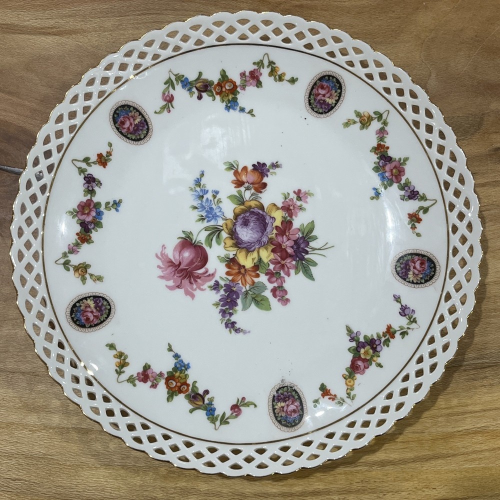 Vintage Bavaria Schumann Reticulated Floral Porcelain Lace Plate Germany Gold