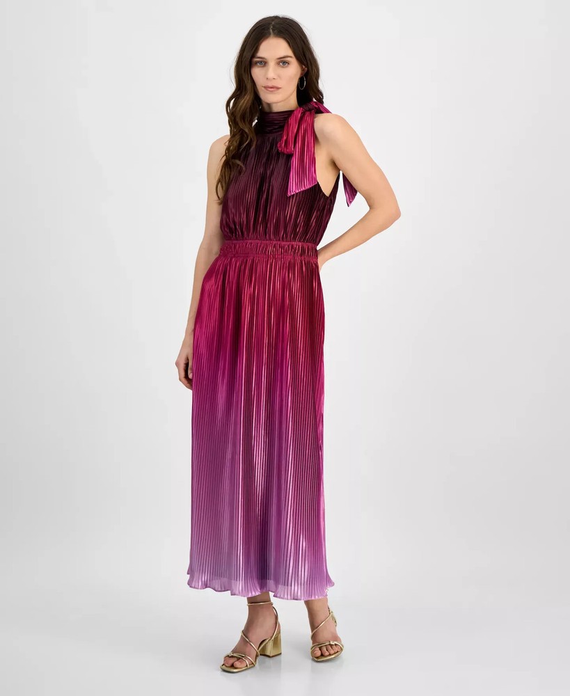 Anne Klein Women's Dress Sz 10 Pleated Bow-Neck Midi