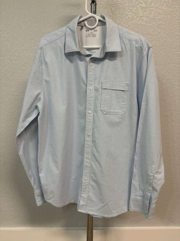 Under Armour HeatGear Men's L Light Blue Striped Long Sleeve Button-Up Loose