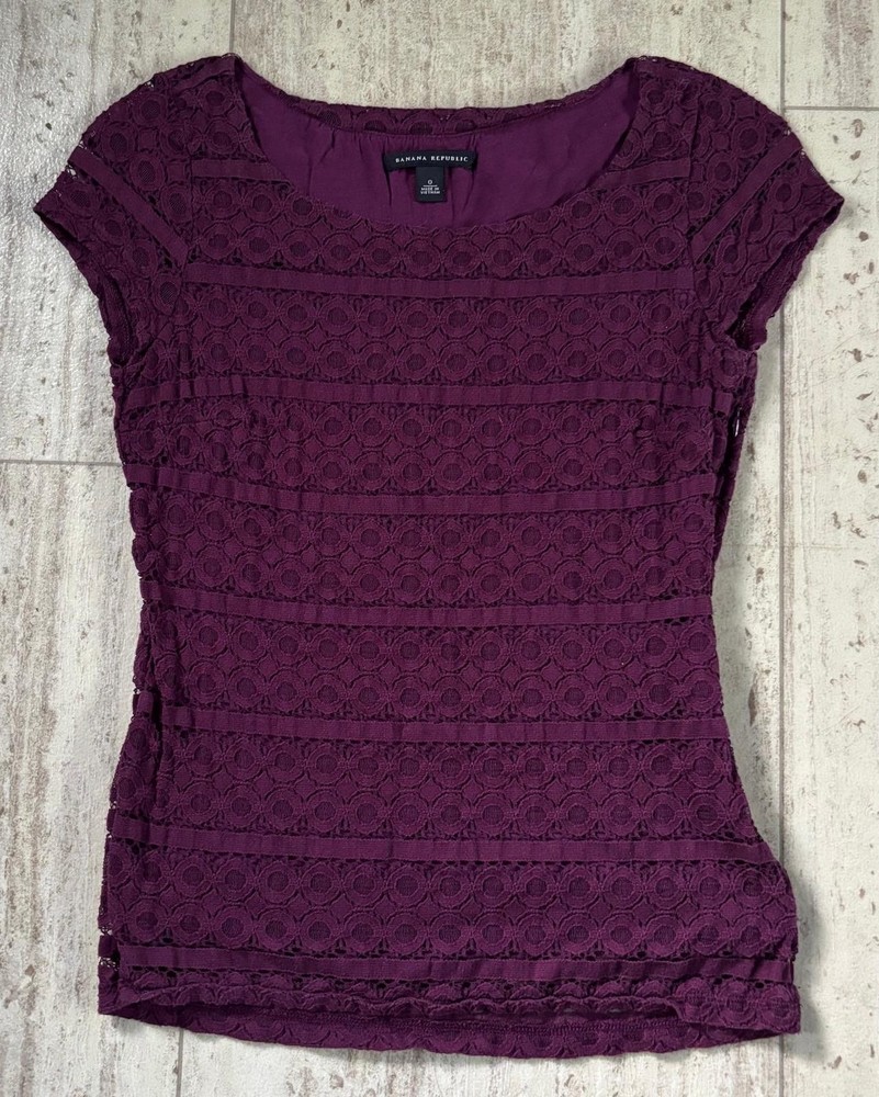 Banana Republic Women’s Top Purple Eggplant Lace Shell Cap Sleeves Blouse Size 0