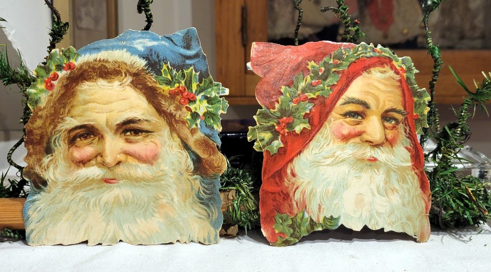 Red & Blue Santa  Busts, Crowns of Holly.  Early 1900s German Die-cut for Orns