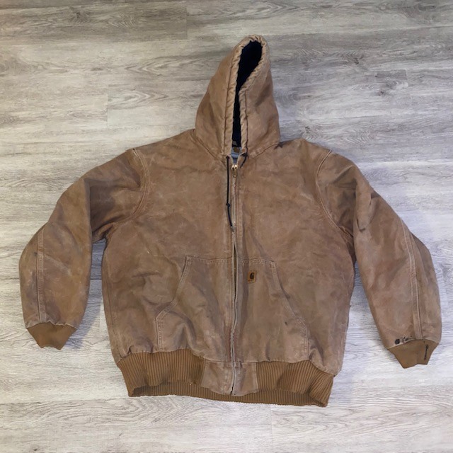 Vintage Carhartt J130 BRN Quilted Lined Duck Canvas Hooded Jacket Men's XL