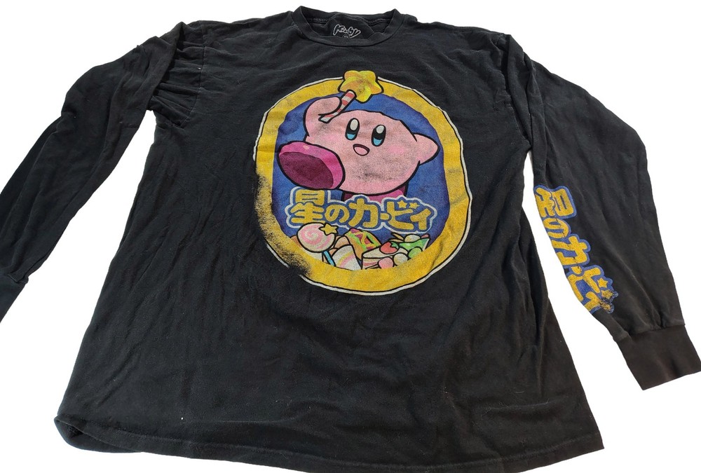 Men's Vintage Black Large Long Sleeve Japanese Kirby Graphic T-Shirt