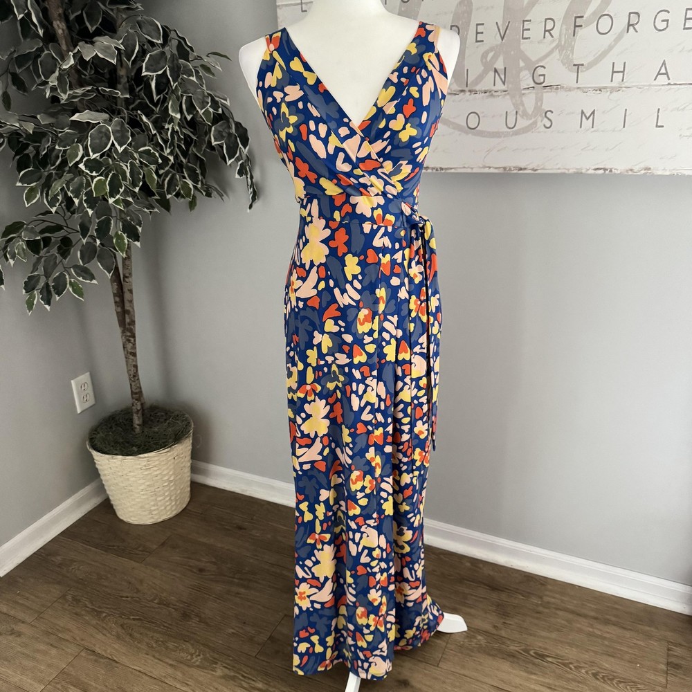 Market & Spruce Dress Women XS Blue Floral Wrap Maxi Sleeveless Babydoll Stretch