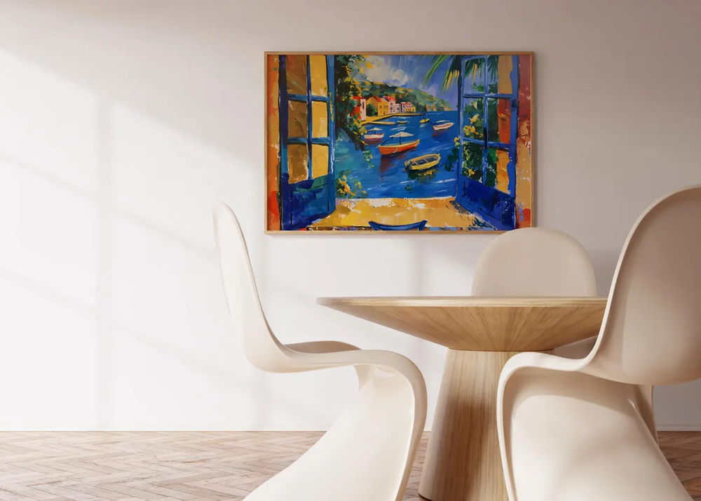 Premium Window View & Boats on Sea Art Poster - Select Your Size