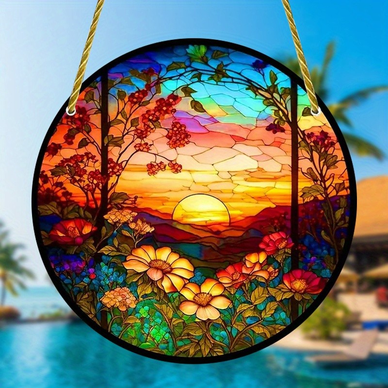 8x8 Forest Flower Sunset Suncatcher Light Transmitting Decor