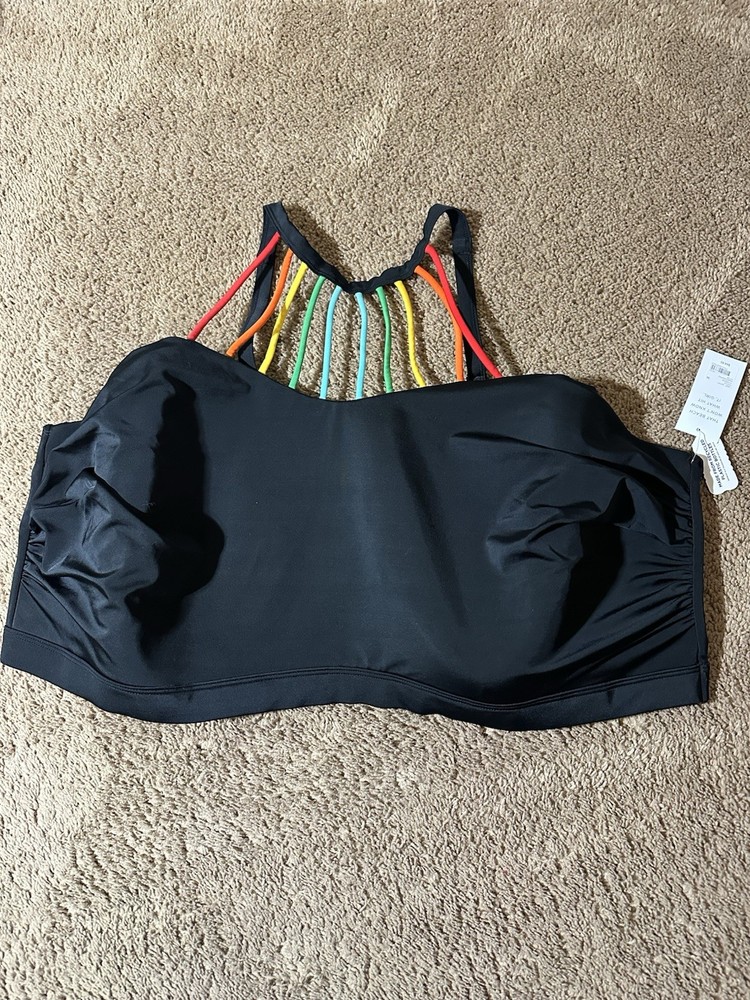 Swim By Cacique Women’s Black Swim Top Bikini High Neck Rainbow Size 36 New Tags