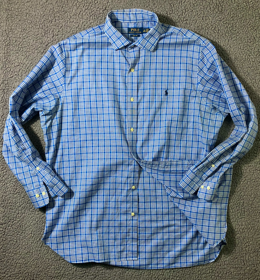 Polo Ralph Lauren Mens 18 34x35 Blue White Plaid Easy Care Button Down Shirt