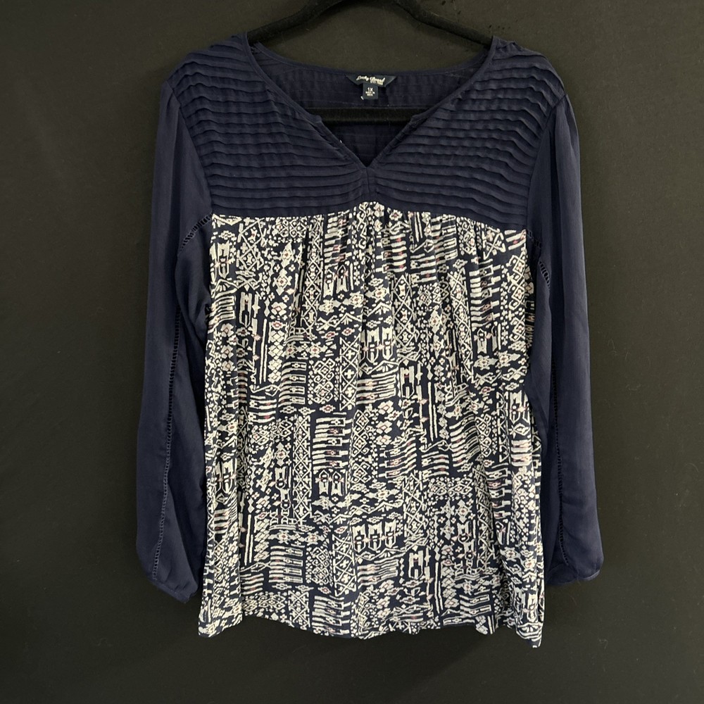 Lucky Brand XL Navy Boho Print V-Neck Long Sleeve Blouse Women's Casual Top EUC