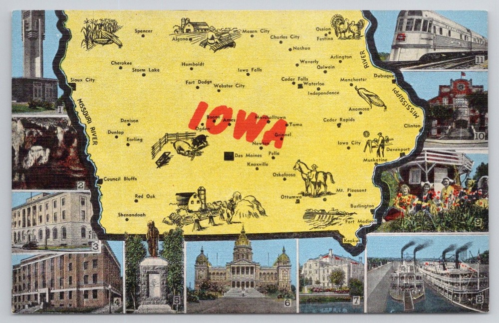 Vintage Iowa State Map Linen Postcard Multi-View E.C. Kropp Unposted