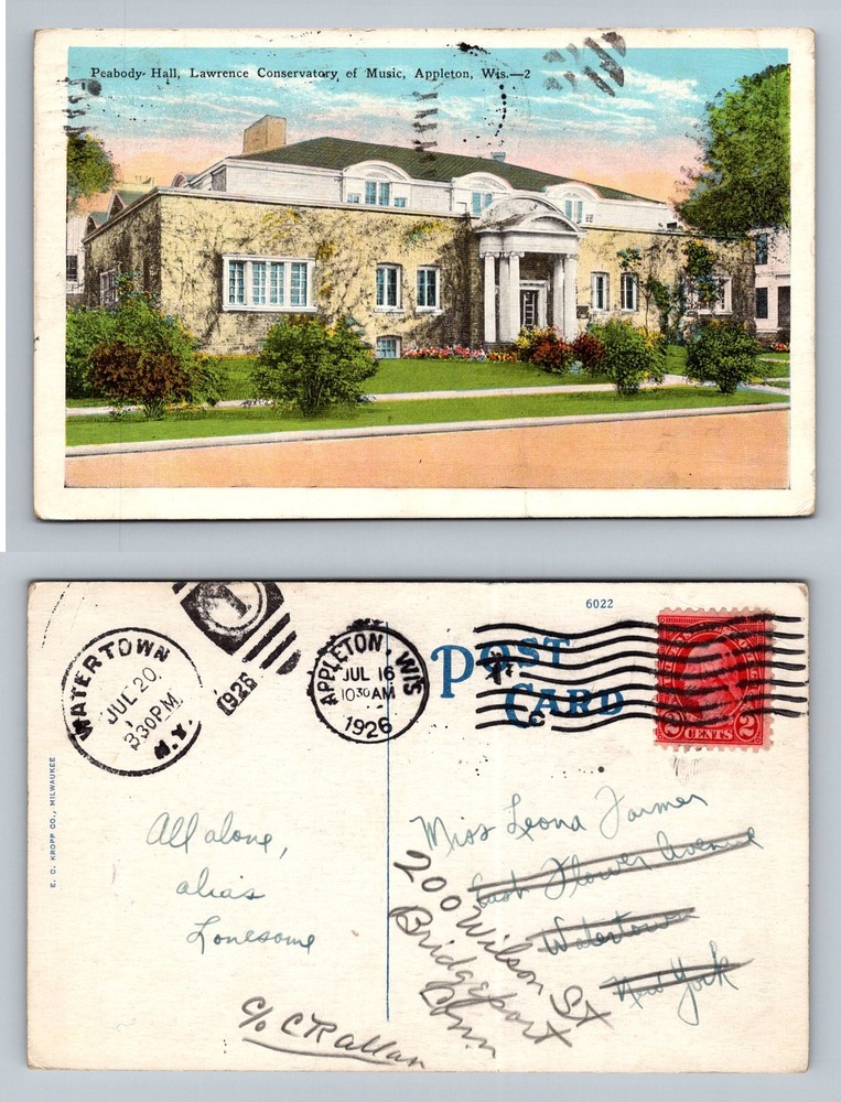 Appleton, WI-Wisconsin Peabody Hall Lawrence Conservatory Vintage c1926 Postcard