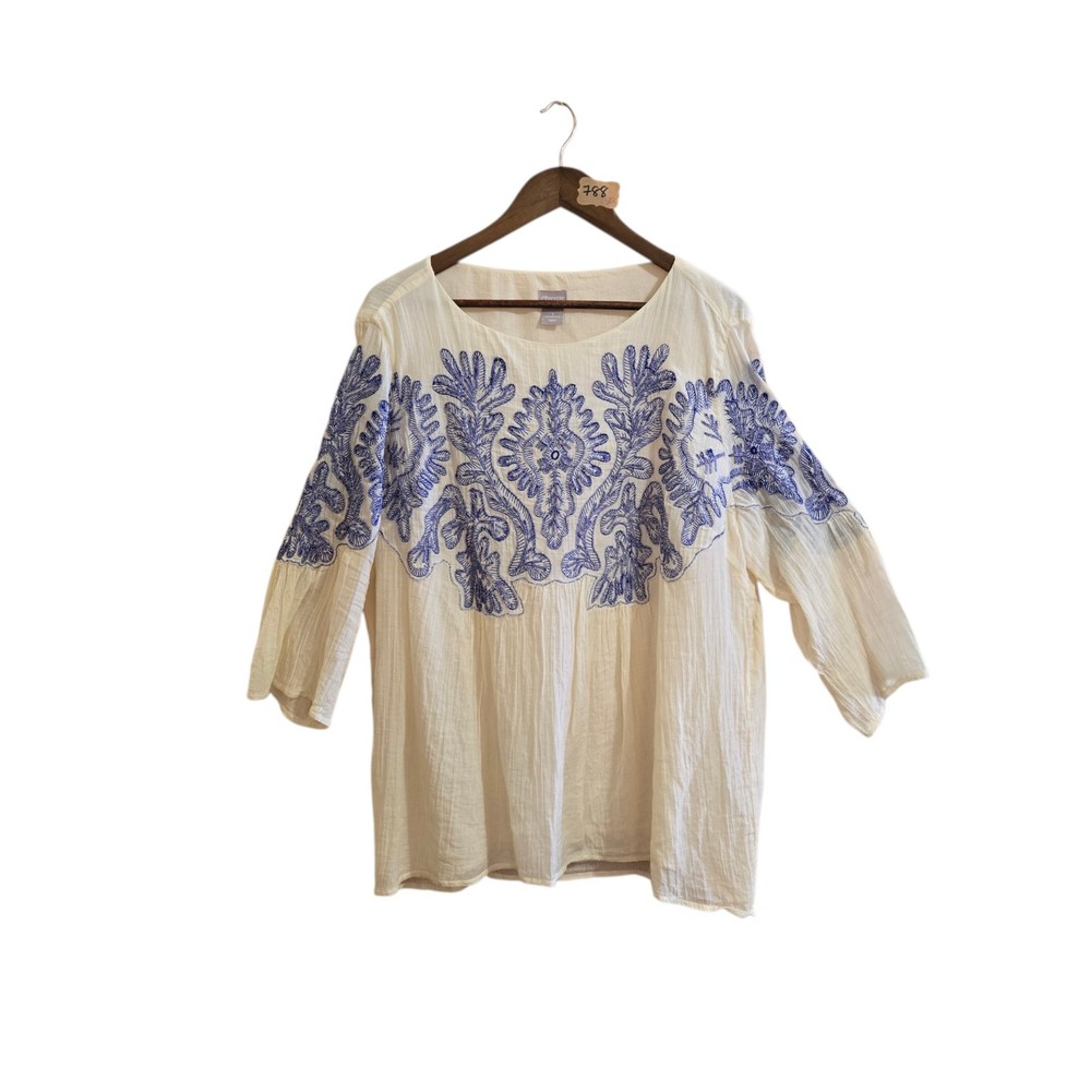 Chicos Womens Blouse Size 3 Longsleeve Blue and Cream Boho Top Hippie Peasant XL