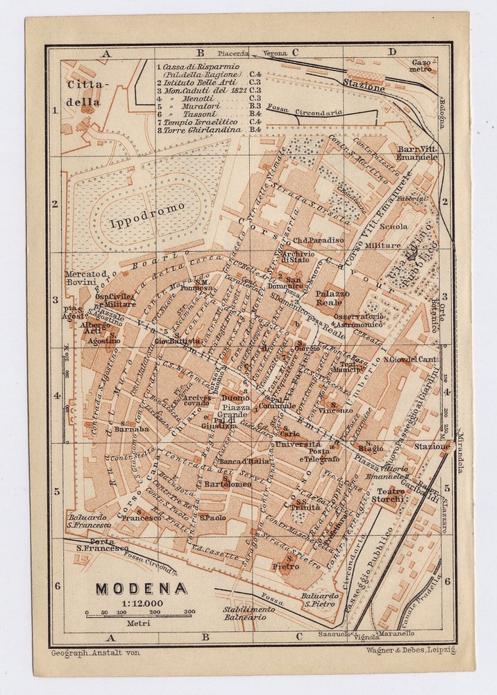 1908 Original Antique City Map Of Modena / Emilia-Romagna / Italy