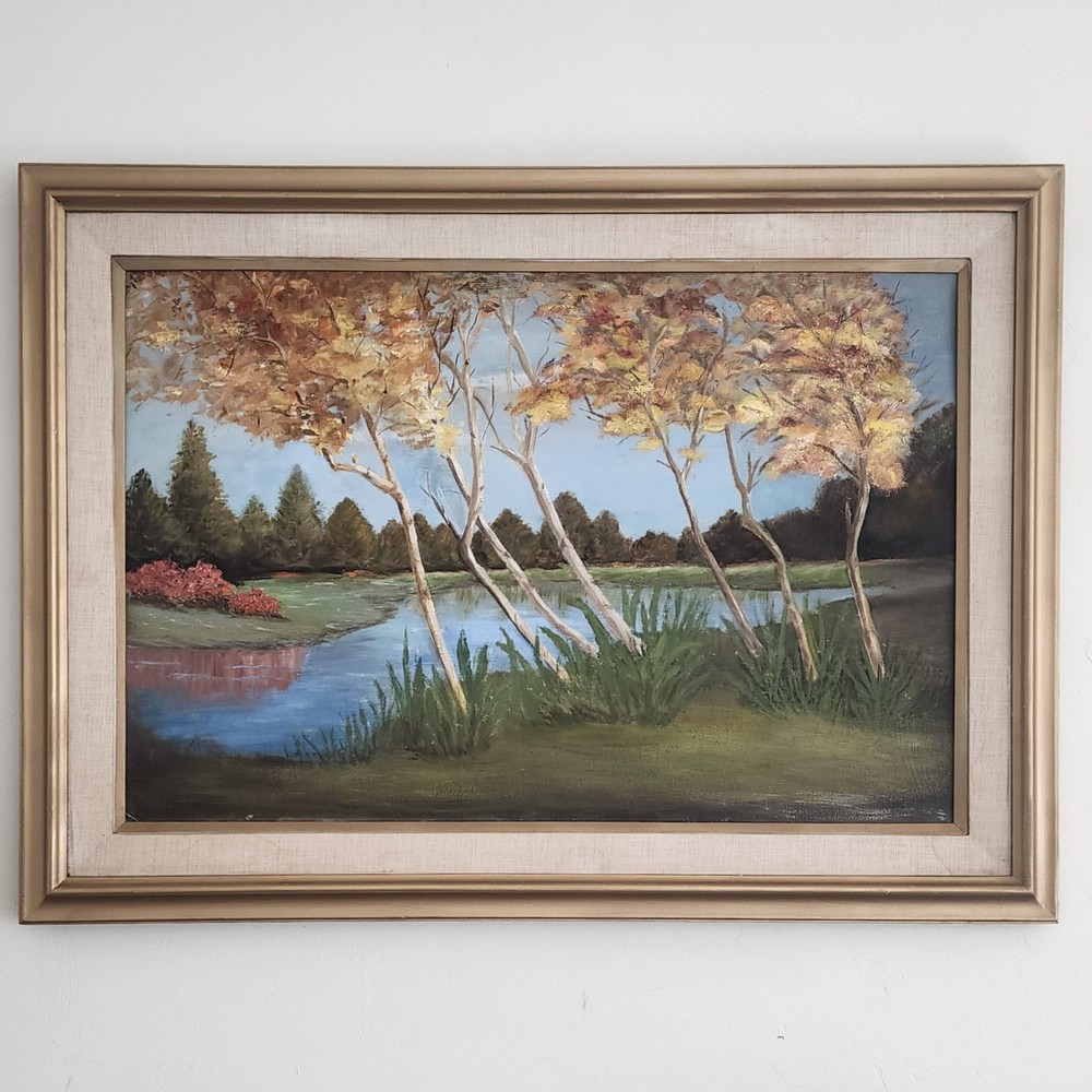 Vintage MCM Oil Painting Autumn Birch Trees Landscape Large 32x44 Framed Gold