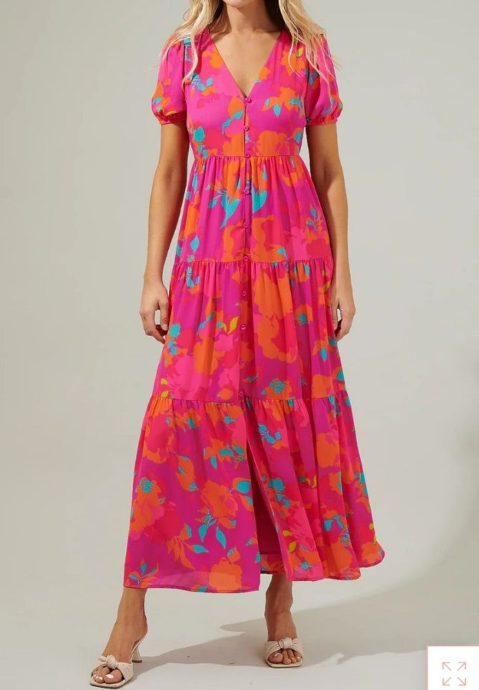 Women's Sugarlips Pink Orange Teal Floral Tiered Maxi Dress XS