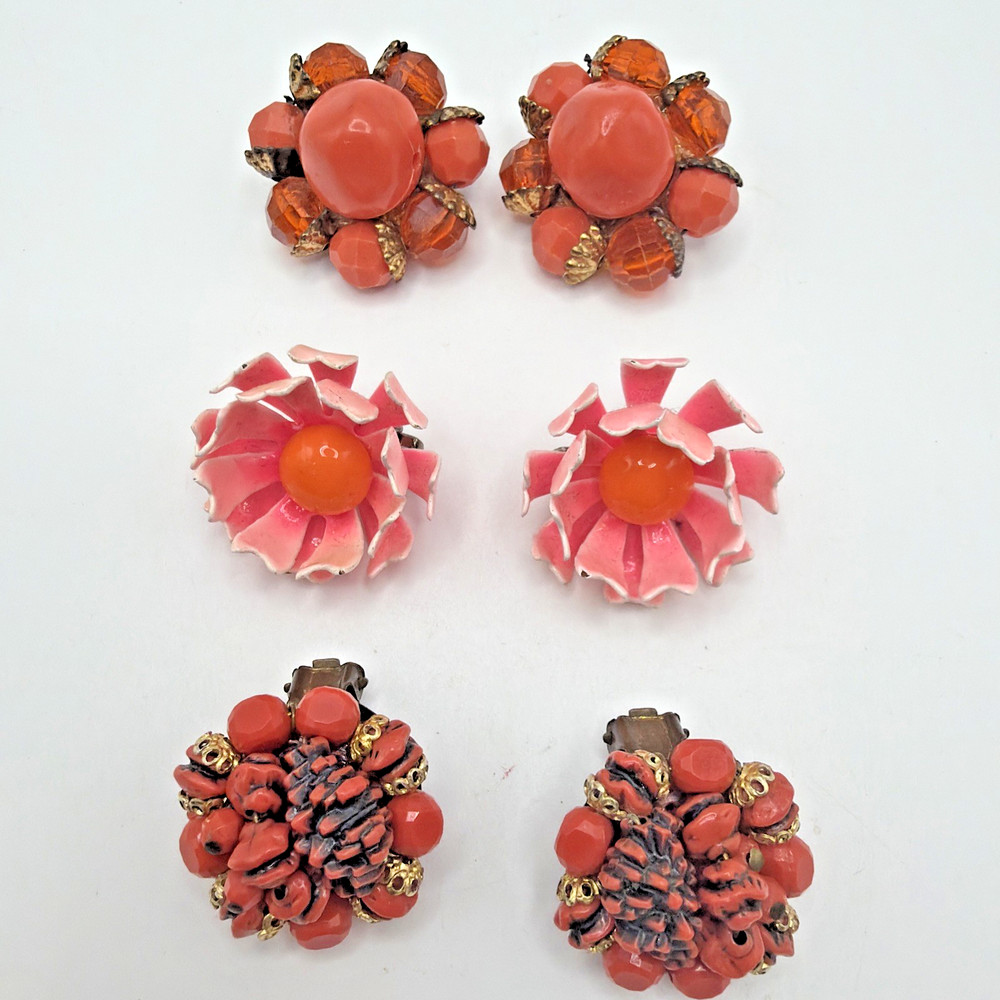 Vintage Earrings Lot 3 Clips Acrylic Enamel Orange Pink