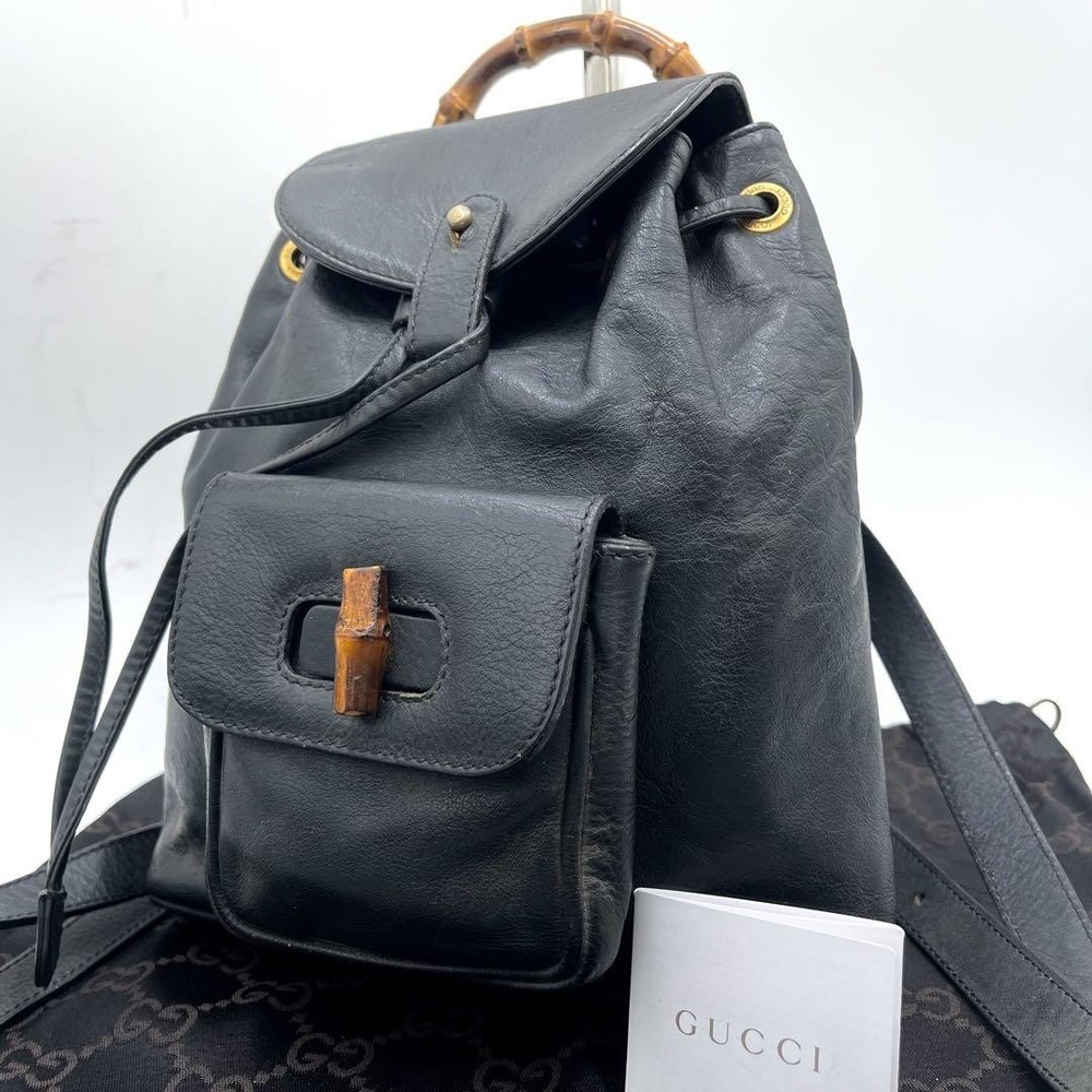 Gucci Vintage Leather Backpack Bamboo Turnlock Black Rare Old Authentic