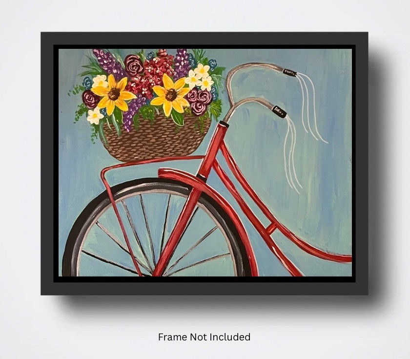 Bicycle Flower Basket Hand Painted Acrylic 11x14” Canvas Panel Wall Art
