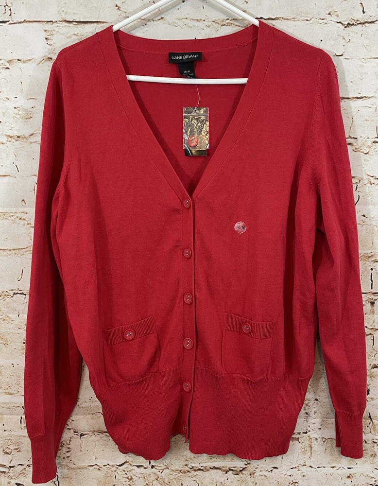 Lane Bryant red v-neck button-front cardigan sweater with pockets size 14/16