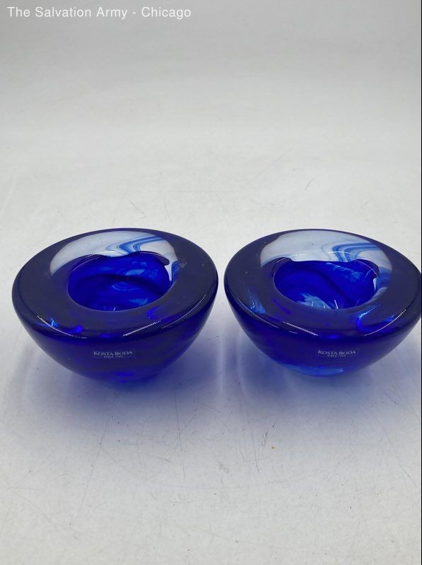 Kosta Boda Blue Glass Decorative Freestanding Candle Holders Lot Of 2