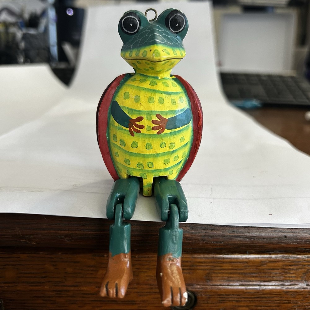Vintage Hand Carved Shelf Sitter Ornament Wood Frog with Jointed Legs