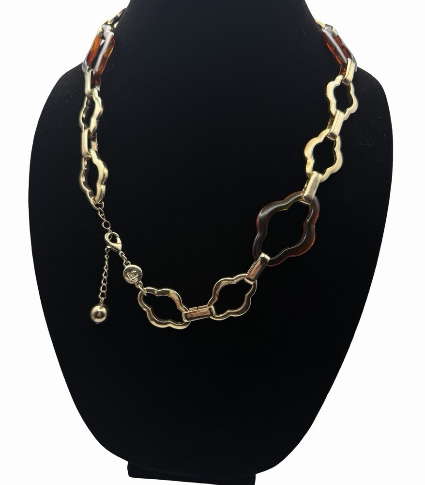 Liz Claiborne Tortoise Shell Gold Tone Quatrefoil Link Statement Necklace Vintag