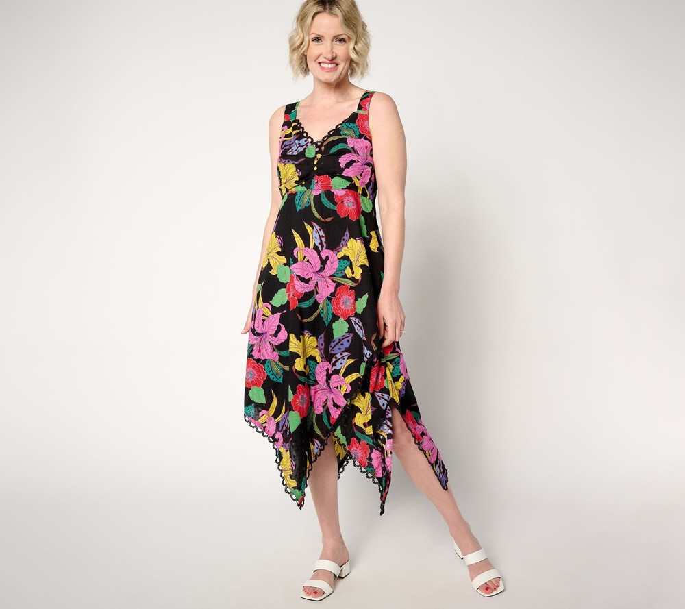Susan Graver Women's Petite Dress PL Printed Eyelet Multi-colored A647475