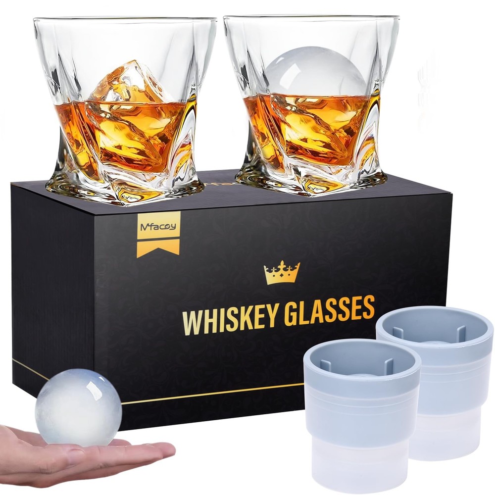 Mfacoy Old Fashioned Whiskey Glasses Set of 4 (2 Crystal Bourbon Glasses, 2 Roun