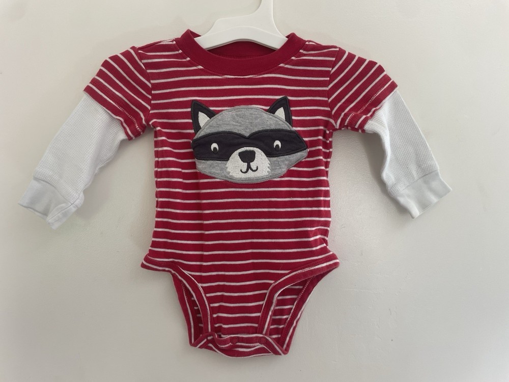 Carter's Baby Boy Cute Raccoon Striped 2-In-1 Cotton Long Sleeve Bodysuit Red 6M
