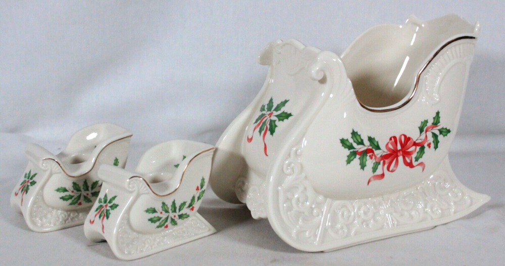 VINTAGE LENOX CHRISTMAS HOLIDAY ACCENT SLEIGH CENTERPIECE + 2 CANDLEHOLDERS NEW-image