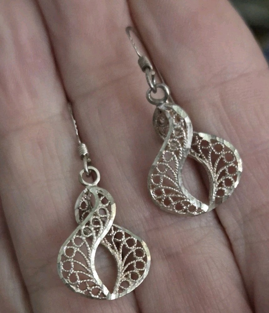 Vintage Sterling Silver Filigree Earrings Nice Patina .925 Figure Eight Dangle