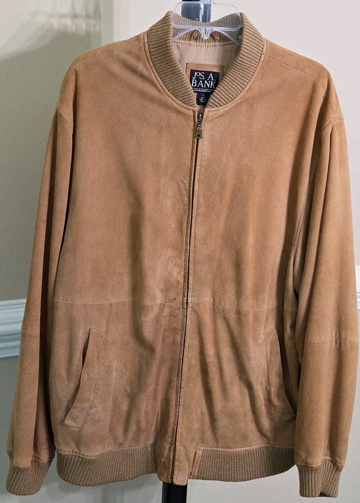Jos A Bank Bomber Suede Leather Jacket Coat Brown Full Zip Mens Size Large Lined