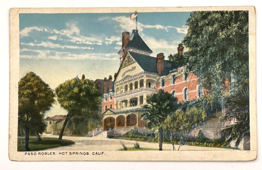 Vintage Paso Robles Hot Springs California Postcard Decorative Hotel Scene