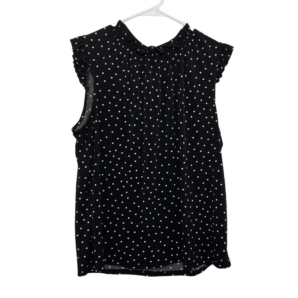Adrianna Papell Women XL Black White Polka Dot Ruffle Neck Flutter Sleeve Blouse