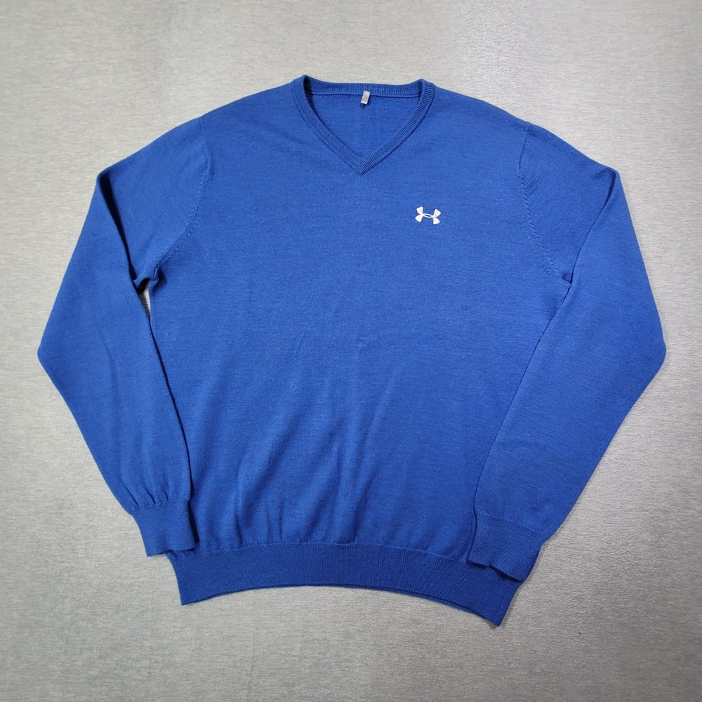 Under Armour Sweater Mens XL Blue Merino Wool V Neck Knit Casual Golf Logo