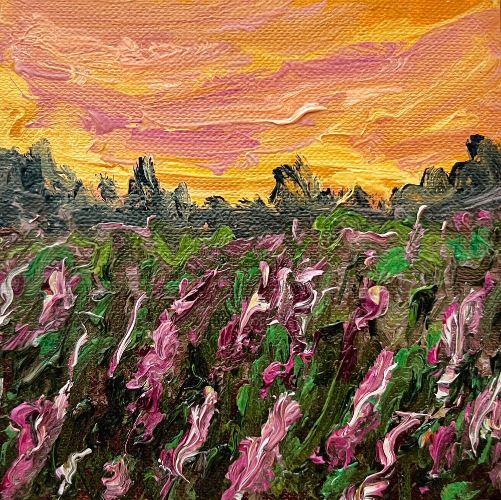 Summer Sunset Meadow Landscape Oil Painting with Heather and Wildflowers