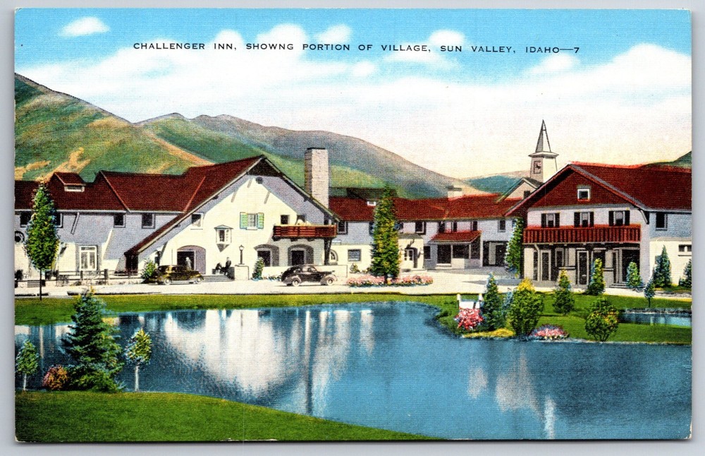 Sun Valley Idaho~Challenger Inn Showing Portion Of Village~Vtg Linen Postcard