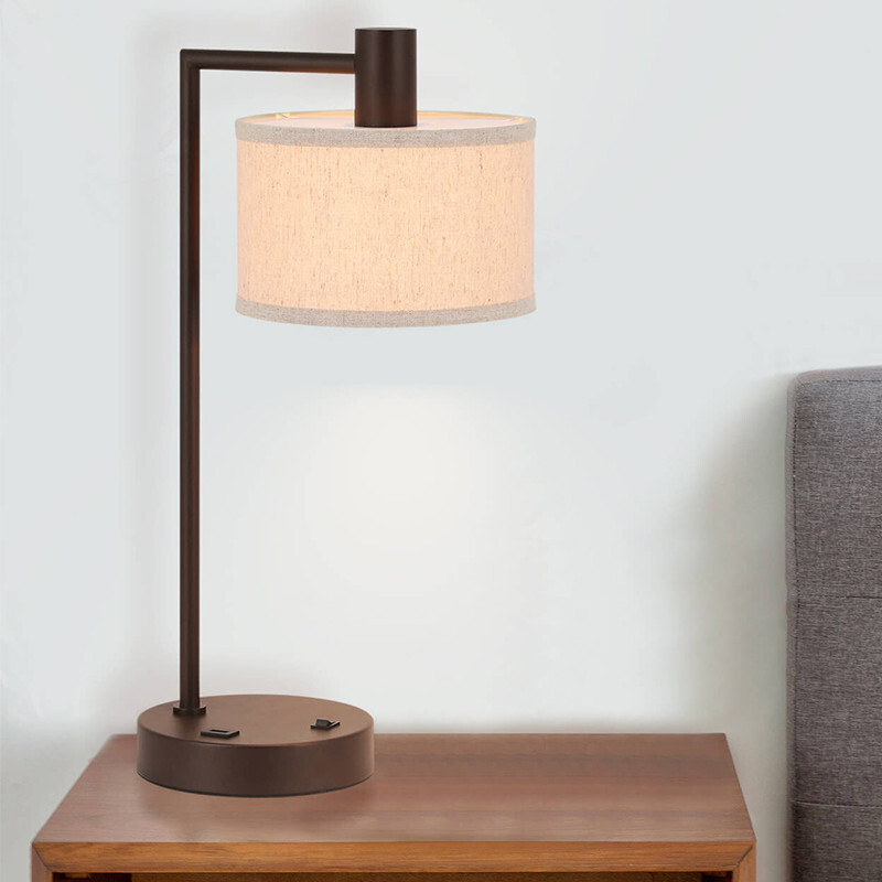 Table Lamp with USB Port Vintage Desk Lamps for Home Office Fabric Shade Bronze