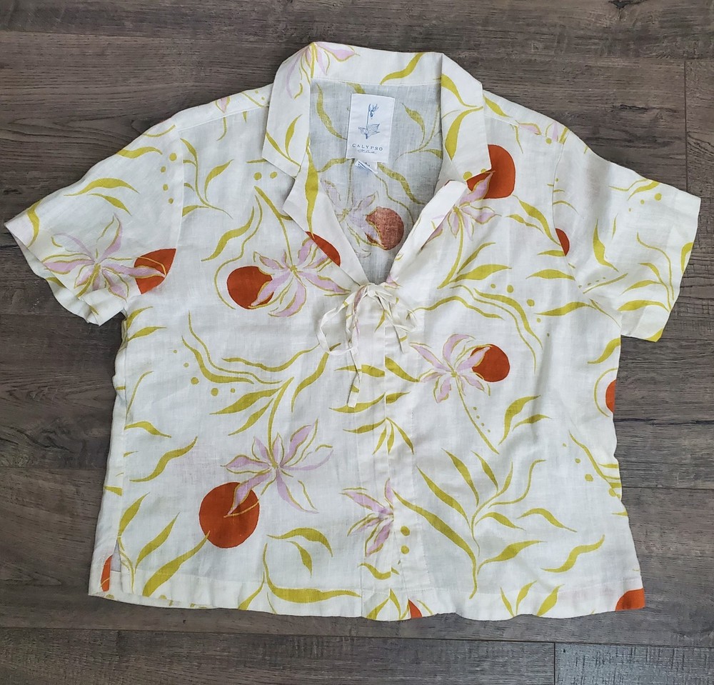 Calypso St. Barth 100% Linen Sun Floral Crop Button Resort Vacation Coastal M